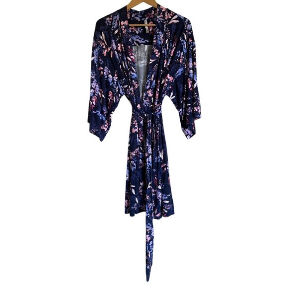 SOMA Cool Nights Blue Floral Robe Size S/M Rayon Stretch Soft - Picture 1 of 8